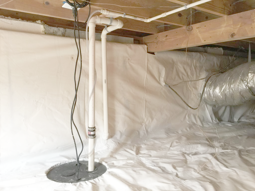 Crawl space encapsulation sump pump interior waterproofing