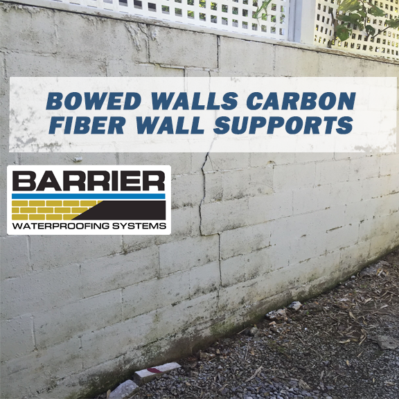 Concrete block foundation wall bowing and cracked prior to carbon fiber wall support system