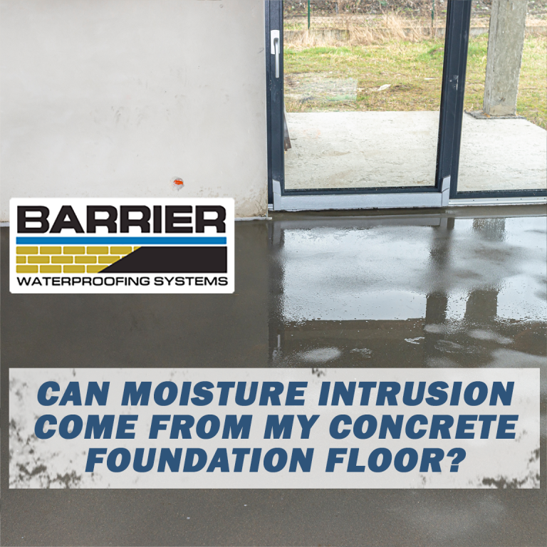 Wet concrete foundation floor depicting moisture intrusion