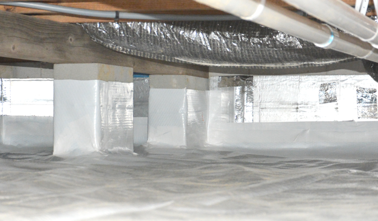 Encapsulated crawl space protected from moisture waterproof encapsulation job